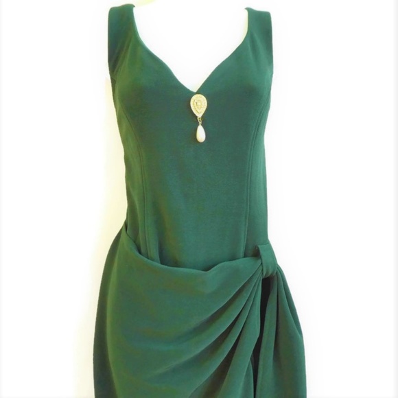 Betsy & Adam Dress Vintage 70s Emerald Green Medallion Faux Wrap USA 14 - Picture 3 of 8